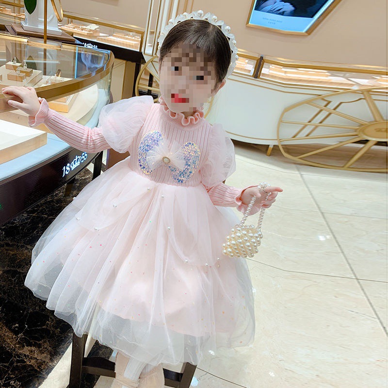 女童春秋冬装加绒连衣裙2023新款小女孩毛衣裙宝宝网纱蓬蓬裙童装