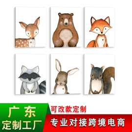 亚马逊6 件森林动物卧室挂画帆布海报卡通鹿熊兔子幼儿园装饰画