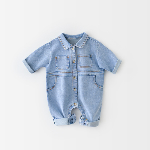 Huzhou Zhili Manufacturer Spring and Autumn Newborn Korean Version Ins Jumpsuit Baby Cartoon Denim Jumpsuit Romper