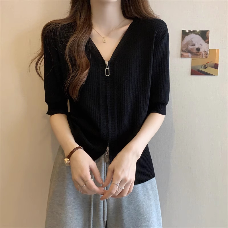 Áo len ngắn tay nữ cỡ lớn phong cách Hàn Quốc, chất liệu lụa mát, có dây kéo, che bụng hiệu quả — Màu đen chi tiết 6