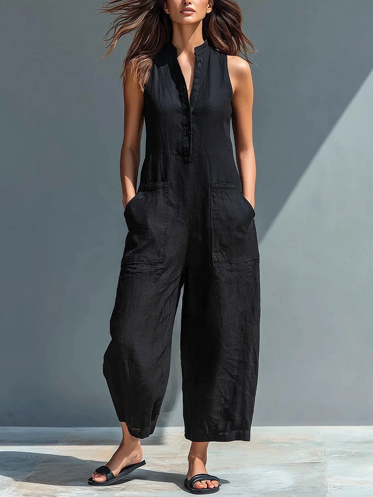 Women's Casual Sleeveless Stand Collar Jumpsuit With Pockets_voghion.com
