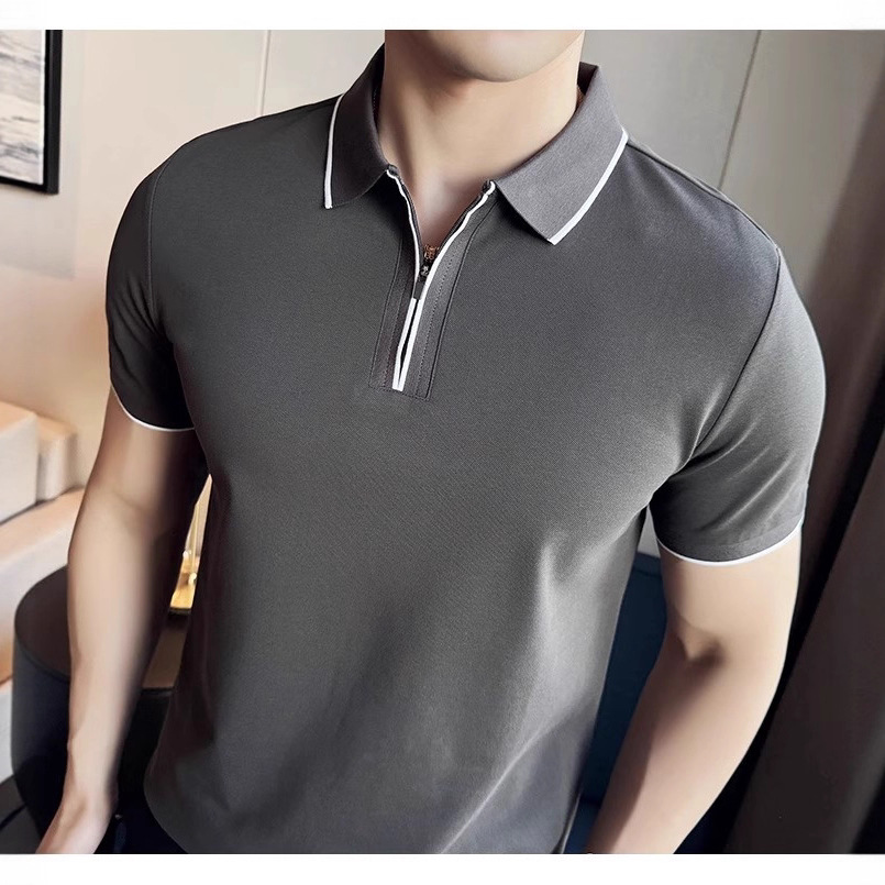 "Men's Slim-Fit Zip Polo Shirt – Breathable Cotton Short Sleeve With Embroidered Detail, Business Casual Summer Top (3 Colors, Sizes M-XXXXL)"_viptrois.com