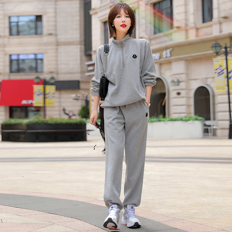 Pure Cotton Casual Sports Two-Piece Set for Women, Straight-Leg Pants Suit for Running and Cycling, Stand-Up Collar, Sunshade, New Autumn Model