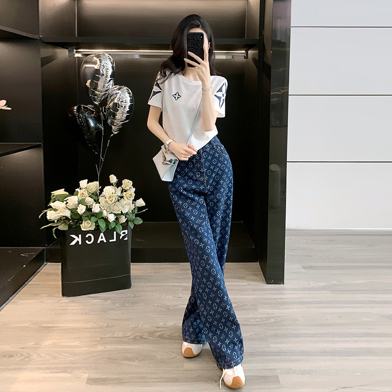 Summer New Style Right Shoulder Short-Sleeved T-Shirt White White and Stylish Top Printed Denim Straight Pants Narrow Wide-Leg Pants Summer New Style Right Shoulder Short-Sleeved T-Shirt White White and Stylish Top Printed Denim Straight Pants Narrow Wide-Leg Pants