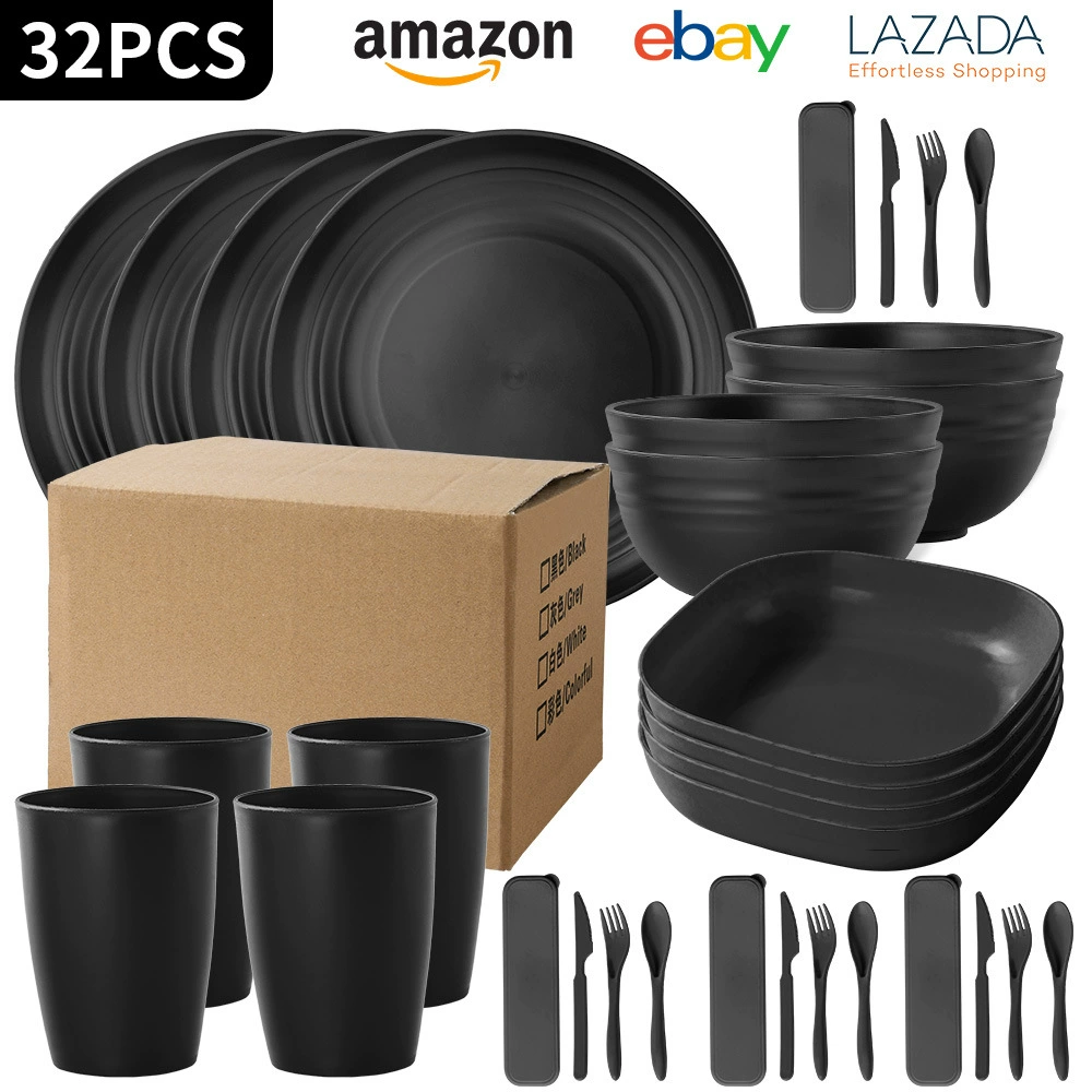 Dinnerware Set, Thickened Black Dinner Plates & Soup Bowls, 16–32 Piece Options, Home Tableware