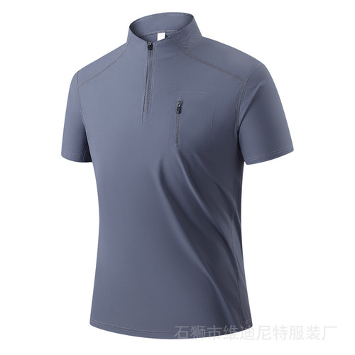 Cross-border - 2025 Half Zip T-Shirt Men's Short Sleeve Ice Silk Quick Dry Running Fitness Elastic Breathable Casual Sports Top