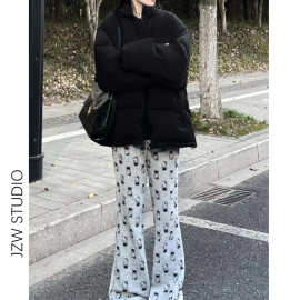 灰色微喇裤女高腰春秋新款哈喽Kitty运动休闲拖地喇叭裤潮