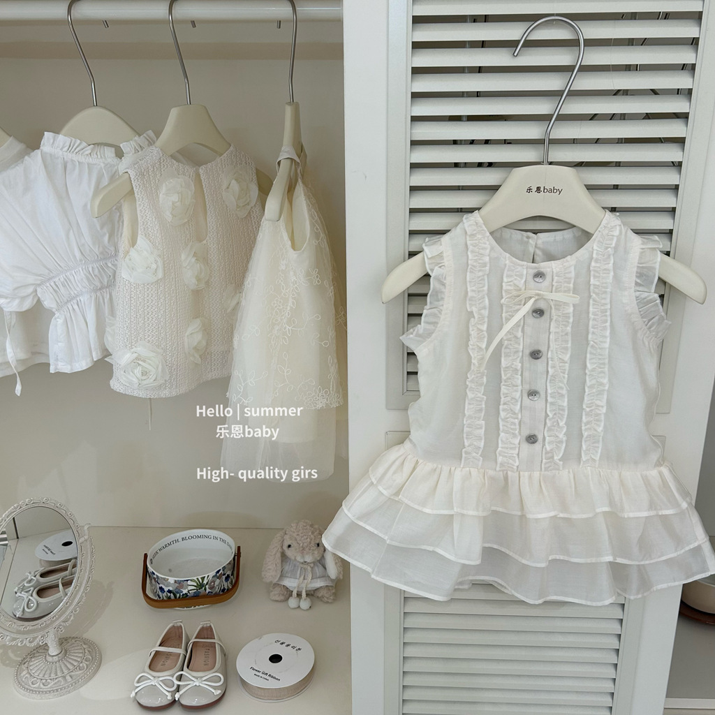 [Le En baby] Chaleco de encaje de temperamento francés de verano para niñas Vestido de princesa con falda de encaje a la luz de la luna blanca dulce