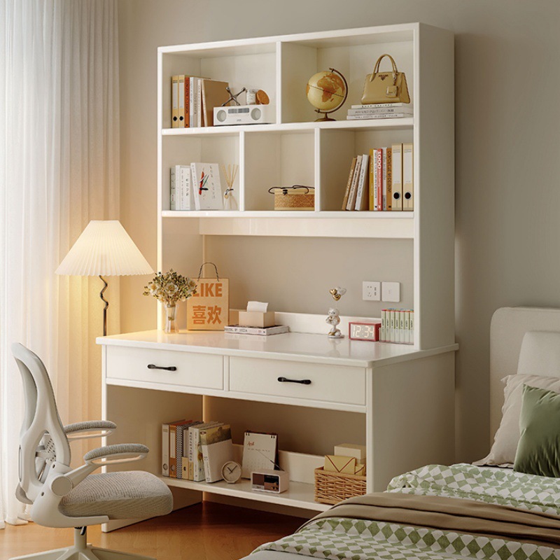 Escritorio y estantería todo en uno dormitorio para niñas escritorio para computadora para estudiantes en casa mesa lateral de cama de viento crema contra la pared mesa de apartamento pequeño