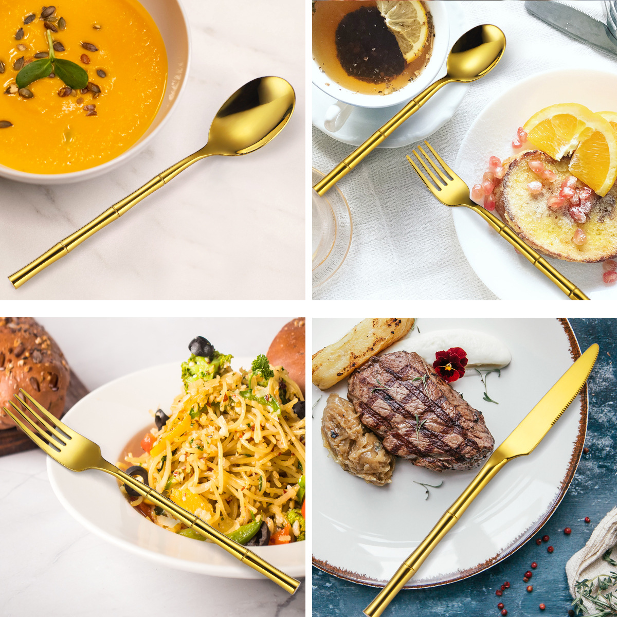 跨境美式304不鏽鋼餐具套裝鍍金西餐酒店竹節圓柄20件套刀叉勺子