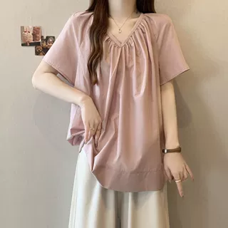 大码设计感V领正肩短袖T恤女夏季新款胖mm百搭宽松显瘦遮肉上衣女