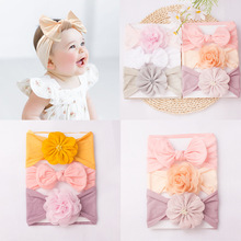欧美新款3pcs可爱婴儿发带组合 舒适柔软花朵宝宝头巾 儿童饰品