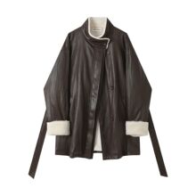 中长款复古美拉德感超好看加绒立领咖色皮衣外套女秋冬季