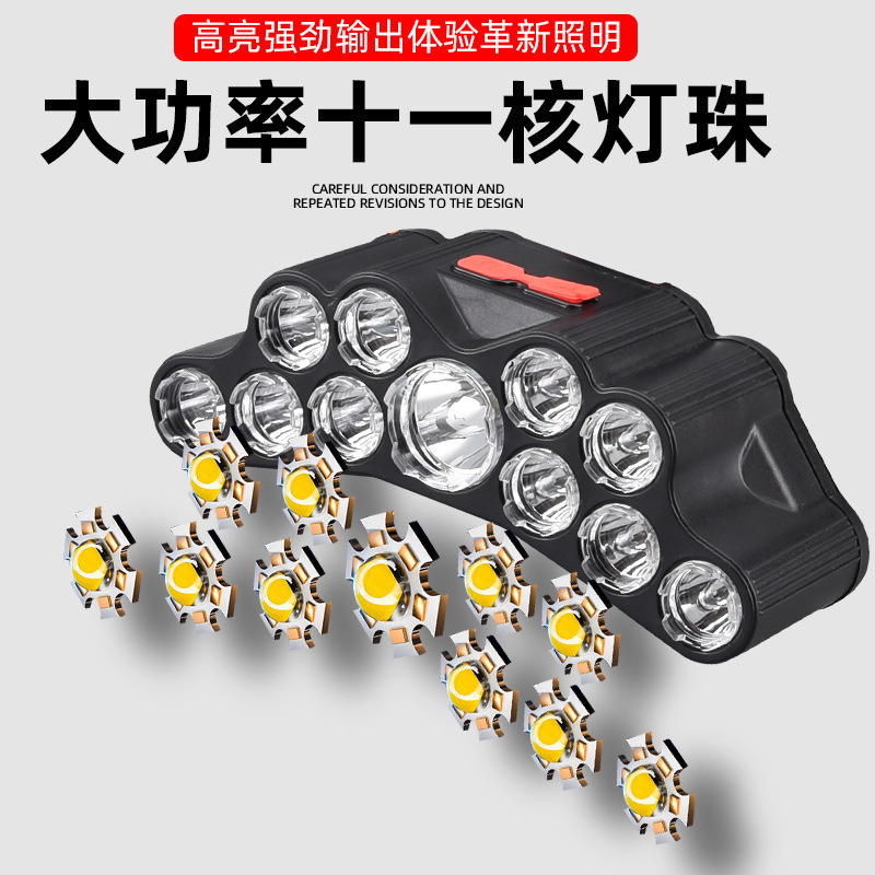 Nueva Lámpara Frontal de 11 Núcleos de Alta Potencia, Recargable por USB, para Pesca Nocturna, Pesca al Aire Libre, Iluminación de Nueve Cabezas, para Correr de Noche, Camping, Luz LED