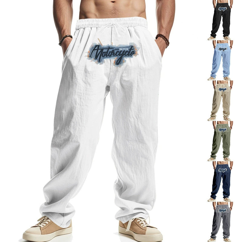 American-style Cross-border Men's Linen Loose Wide-leg Hip-hop High Street Fashionable Washed Embroidered Jogging Casual Sports Trousers American-style Cross-border Men's Linen Loose Wide-leg Hip-hop High Street Fashionable Washed Embroidered Jogging Casual Sports Trousers