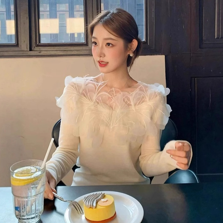 Chanel-Inspired Pure Desire Temperament Feather Off-Shoulder Top for Women, New Autumn and Winter Base Long-Sleeve Knit Sweater