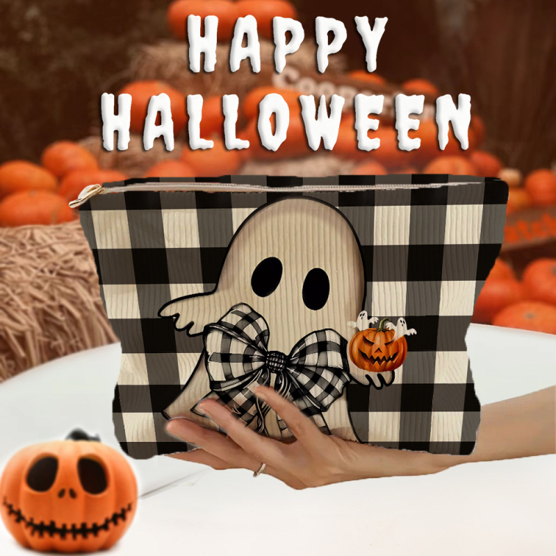 SHEINアマゾンTEMUハロウィーンカボチャ幽霊模様コーデュロイジッパー収納袋軽量化粧バッグ|undefined
