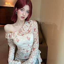 跨境外贸纯欲荷叶边长袖防晒罩衫女装t恤夏季薄款一字肩辣妹上衣