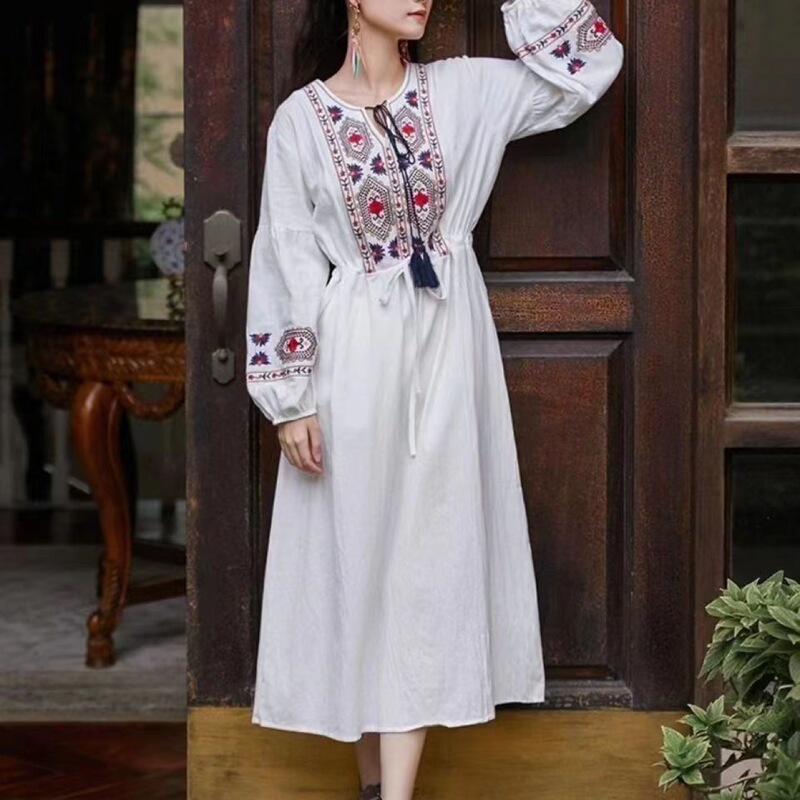 Ethnic Style Retro Mid-Length Dress Summer Tight Waist Cotton Linen Mid-Sleeve Embroidery Led Tassel White dress Women Ethnic Style Retro Mid-Length Dress Summer Tight Waist Cotton Linen Mid-Sleeve Embroidery Led Tassel White dress Women