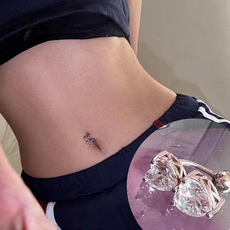 Piercing mit Kreuzrandung, Doppelherz-Zirkonring, Herzförmiger Doppel-Nabelpiercing aus Kristall_voghion.com