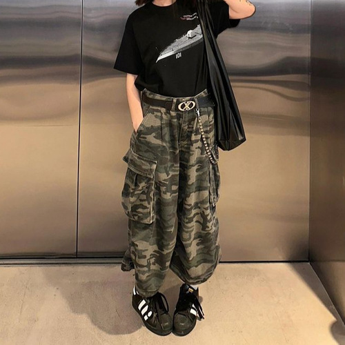 Vintage American Camouflage Wide-Leg Work Pants for Women - Spring and Autumn High-Waisted Loose Straight Leg Casual Seven-Sixth Pants