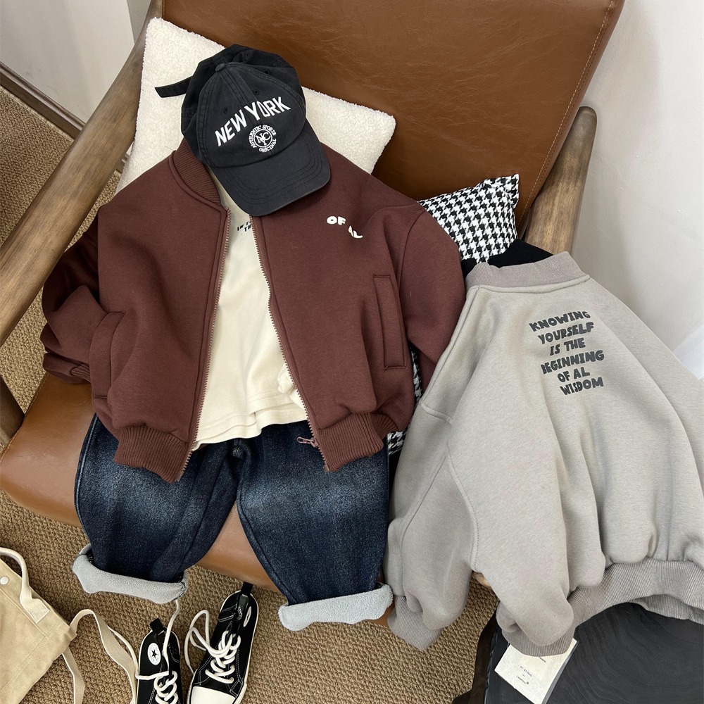 Korean children's clothing, winter boys and girls, plush baseball jacket, thick letter zippered sweater, hoodie jacket_voghion.com