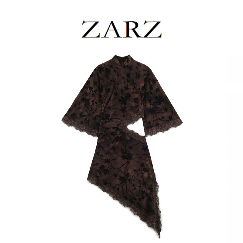ZARZ self-designed, European and American style, new women's fashion, chic flocked mini dress with a slit, 4813814 ZARZ self-designed, European and American style, new women's fashion, chic flocked mini dress with a slit, 4813814