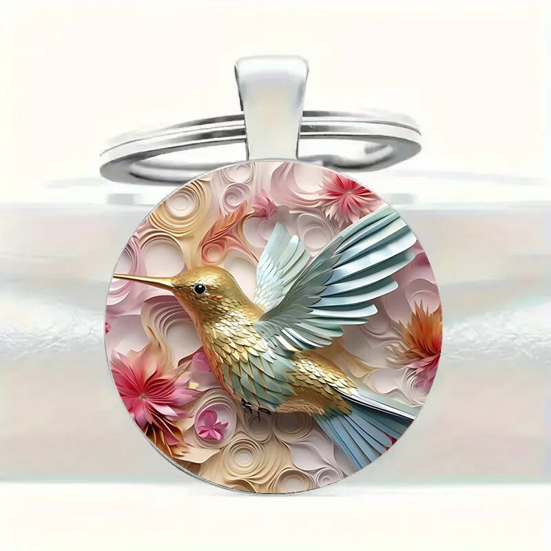 Hot-Selling Fashionable Light Luxury Colorful Hummingbird Pattern Round Glass Alloy Keychain Pendant Cross-Border Bag Accessories Hot-Selling Fashionable Light Luxury Colorful Hummingbird Pattern Round Glass Alloy Keychain Pendant Cross-Border Bag Accessories
