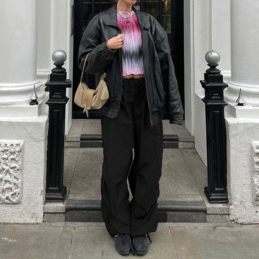 Vår/sommar 2024 Nya heta tjej-arbetskläder med resårband och dragsko, trendiga låg midjade vida ben, vardagsbyxor_voghion.com