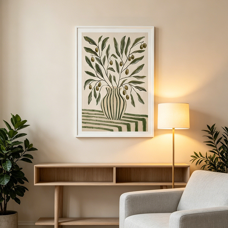 Flor verde nórdica ramas de olivo vaso pintura decorativa sala de estar sofá fondo pared de plantas pinturas colgadas de arte simple image 3