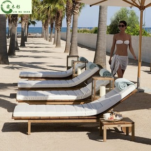 Outdoor Teak Bed Beach Lounge Chair Swimming Pool Courtyard Terrace Solid Wood Bed Bed and Breakfast Resort Seaside Lounge Chair