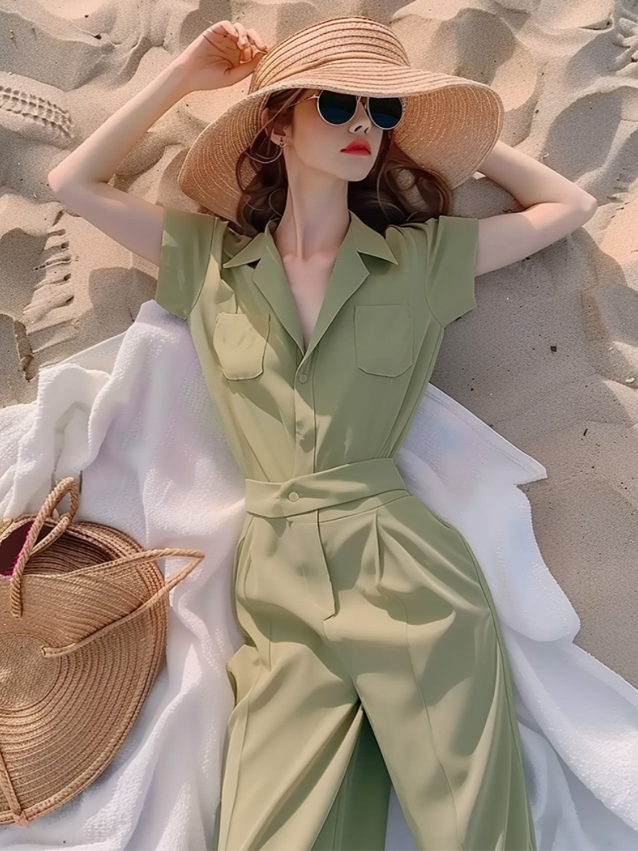 Jumpsuit nữ dài tay sơ mi xanh lá cây mới mùa hè 2024 chất vải xếp nếp mềm mại — xanh lá cây chi tiết 9