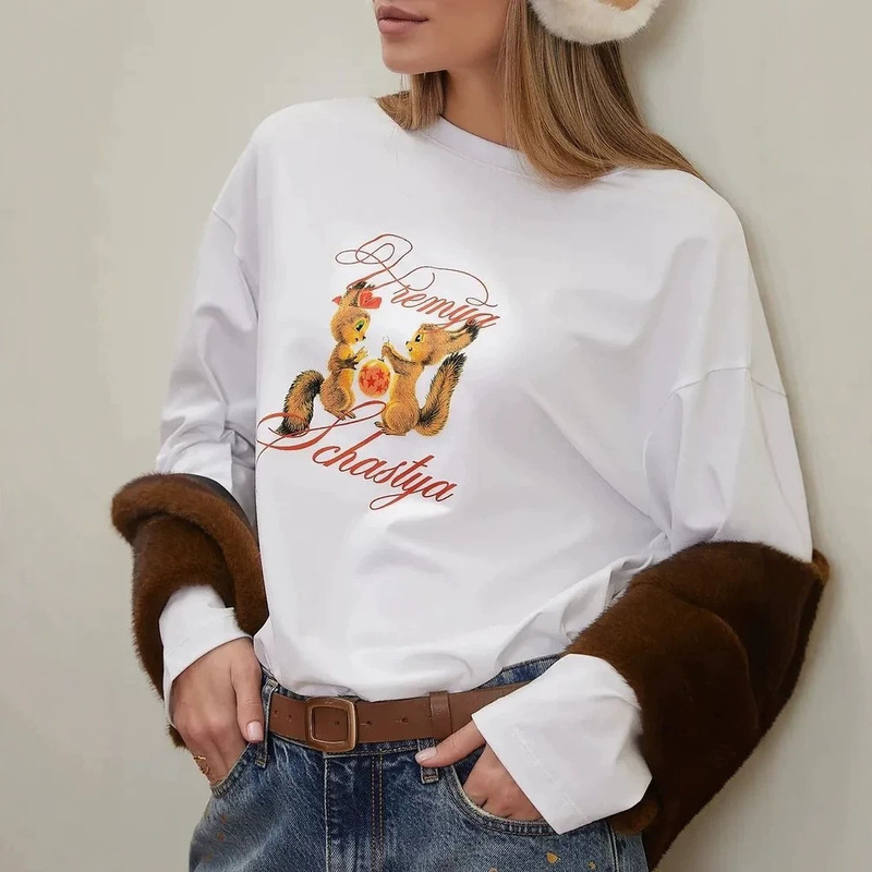 Women's cute squirrel print casual versatile comfortable simple stylish trendy round-neck pure cotton breathable fashion top