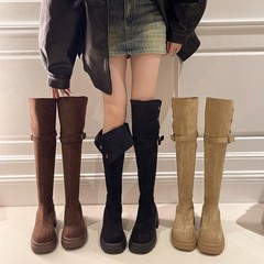 两穿高筒翻折长筒靴子女2025年秋冬新款不过膝靴增高弹力瘦瘦靴女