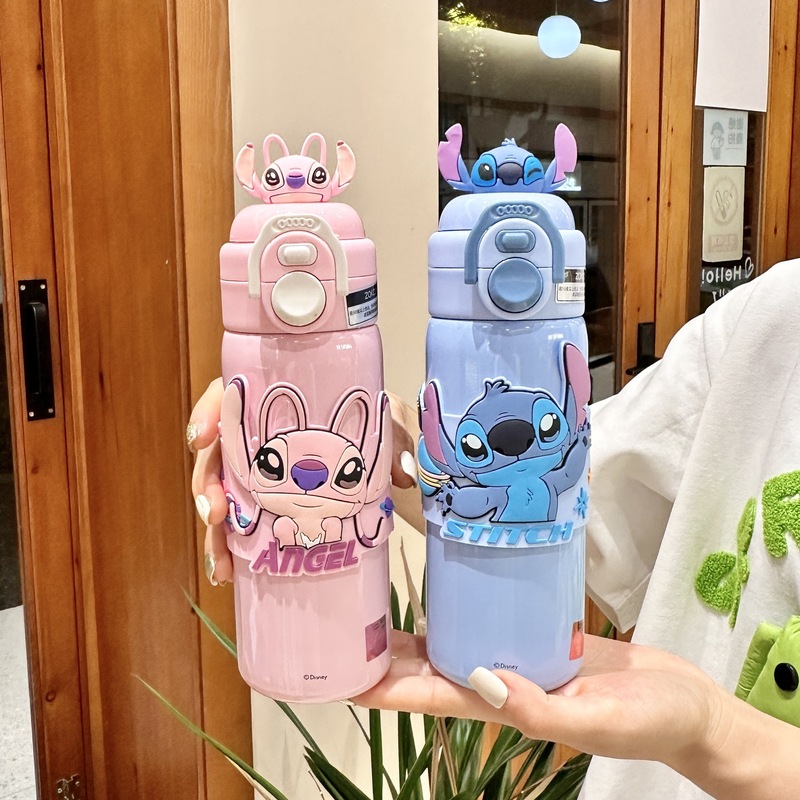 見栄えの良いダブルドリンク子供用魔法瓶カップ、ポータブル女の子用ストローカップ、学生漫画ステッチドリンクカップ|undefined