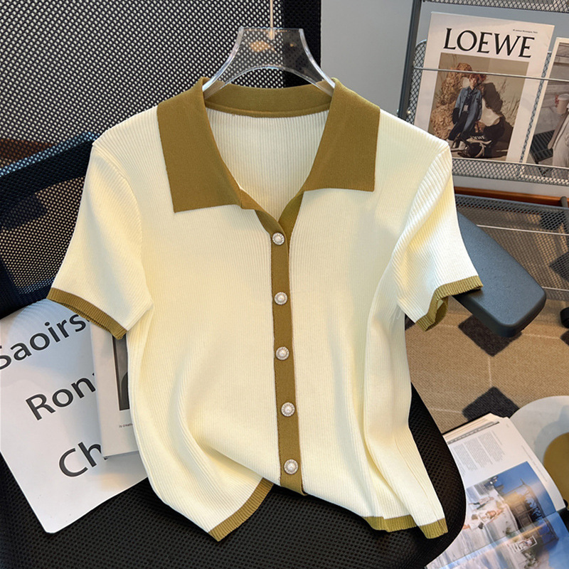 New French Style polo Collar Ice Silk Knitwear Thin Top Women's Short-sleeved Large Size Fat Mm T-shirt Women's Summer