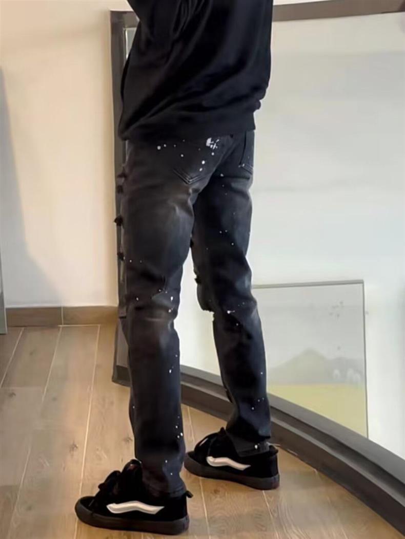 ​​Men's Slim Fit Distressed Patchwork Jeans - High Street Style Black Skinny Ripped Denim Pants For Casual Wear​​_mkmklike.com