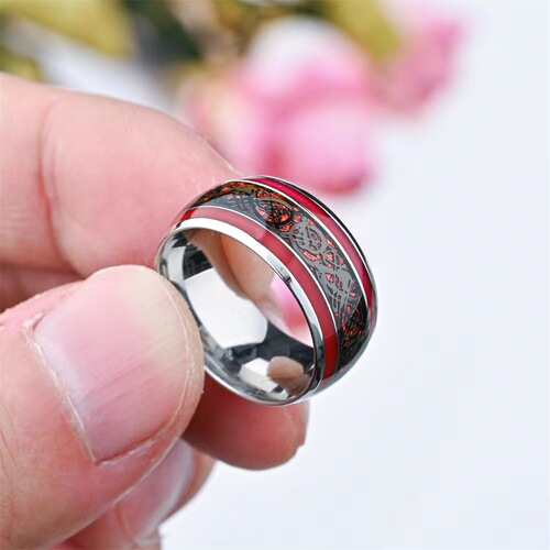 Cross-border Accessory Black Stainless Steel Red Base Dragon Pattern Ring European and American Fashion Men's Ring Wholesale