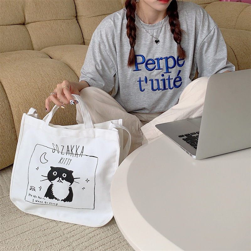 37271 Japanese cartoon canvas bag, women's printed crossbody bag, tote bag, large-capacity student class bag, handbag Item Picture