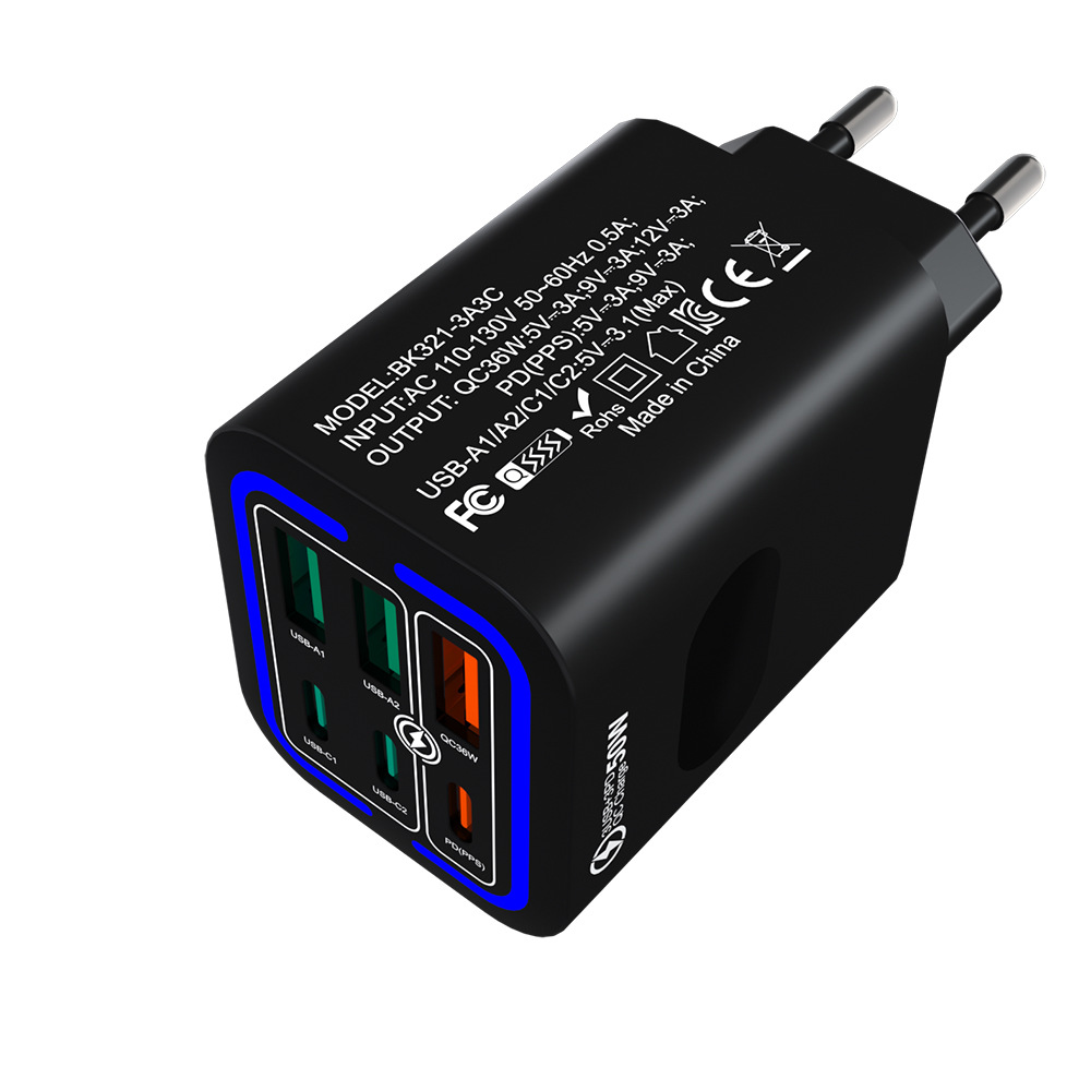 6-Port Fast Charger, 3 USB-A & 3 Type-C PD, QC3.0 Phone Charging Station