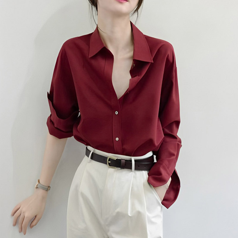 高级胭脂红宽松显白衬衫女长袖哑光抗皱醋酸缎面垂感慵懒范上衣|undefined