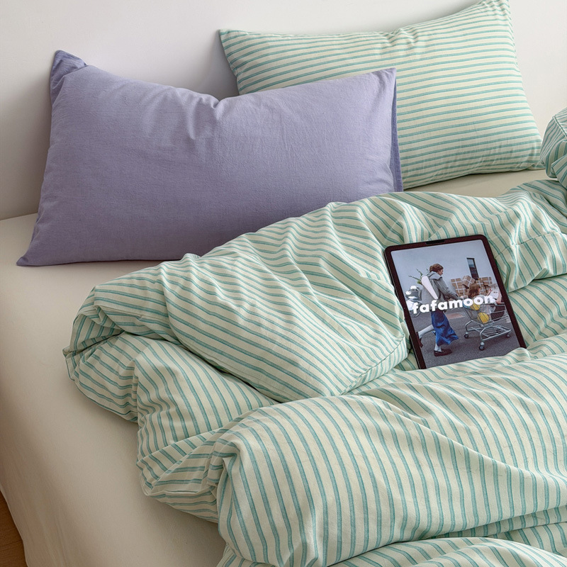 2026 New Model All-Cotton Washed Cotton Yarn-Dyed Striped Simple Unprinted Style A-Class Soft Fashionable Versatile 4-Piece Set Series