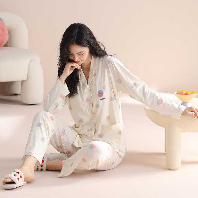 Pajamas Lapel Cardigan Long-Sleeved Modal Soft Confinement Suit Comes with Breast Pads Without Rims Spring and Autum New Style Pajamas Lapel Cardigan Long-Sleeved Modal Soft Confinement Suit Comes with Breast Pads Without Rims Spring and Autum New Style