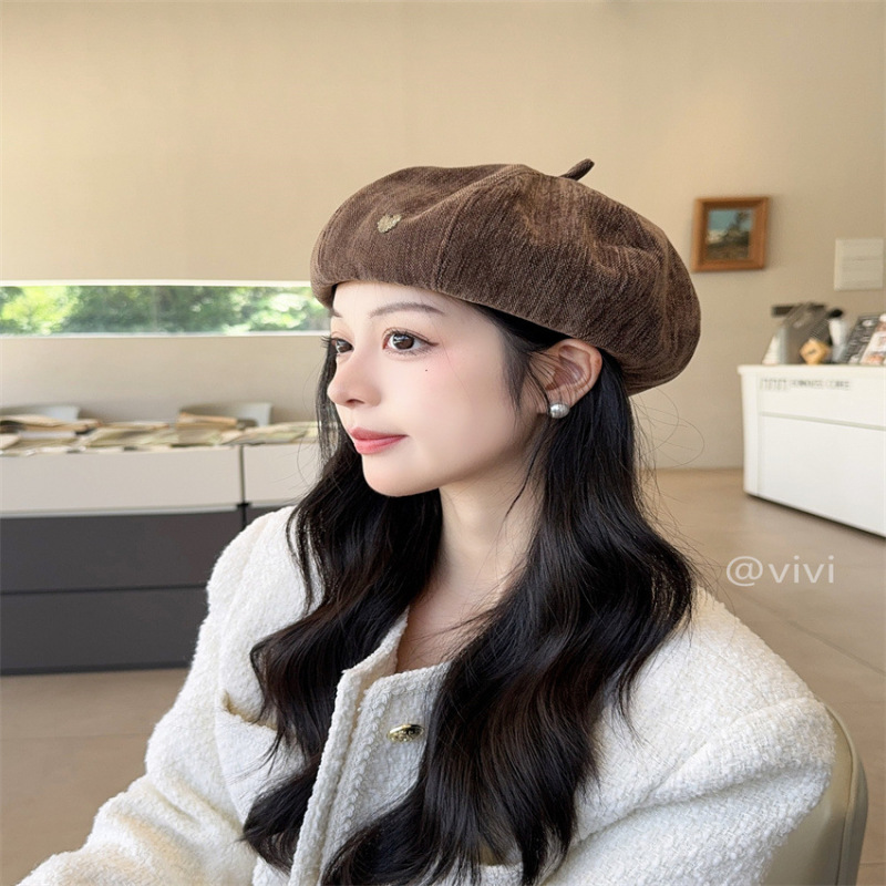 雪尼尔min小标时尚百搭甜美贝雷帽女韩系早秋显脸小南瓜画家帽|undefined