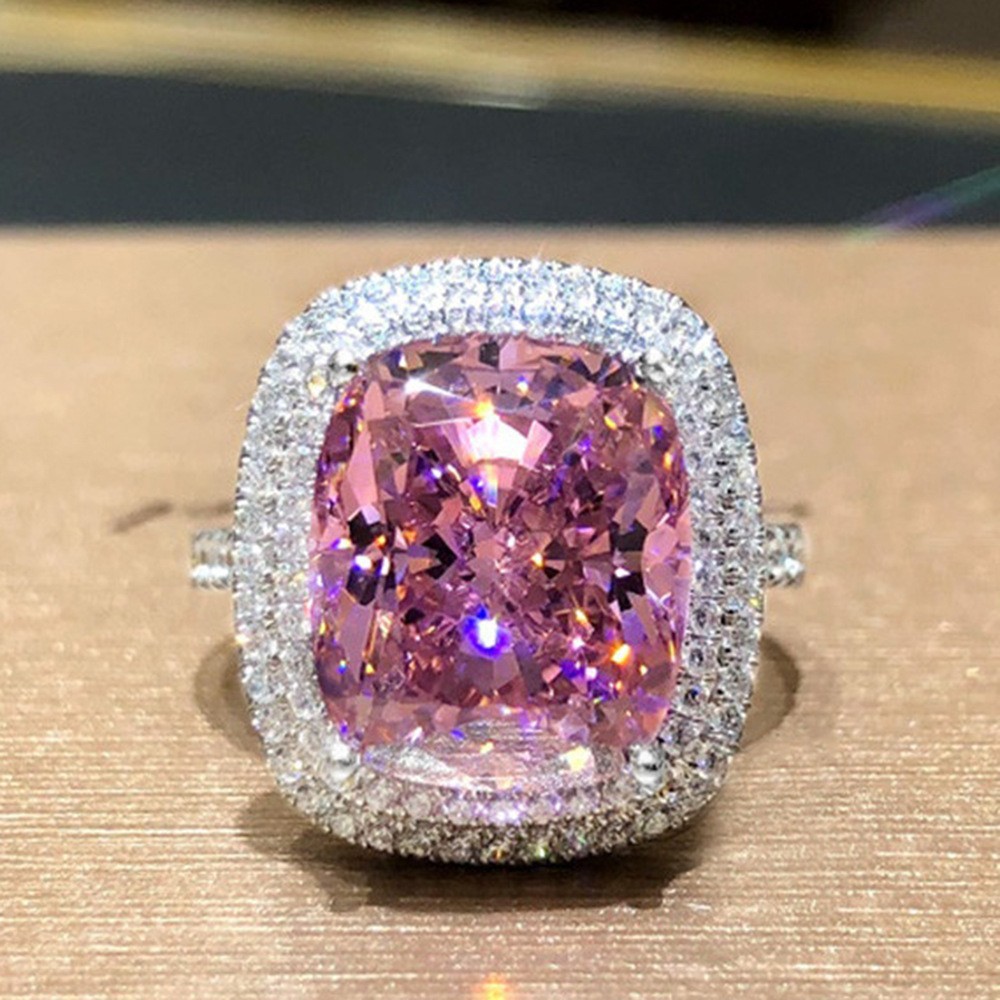 三杰temu亚马逊新款 欧美方形微镶粉钻戒指 优雅仿真锆石指环婚戒
