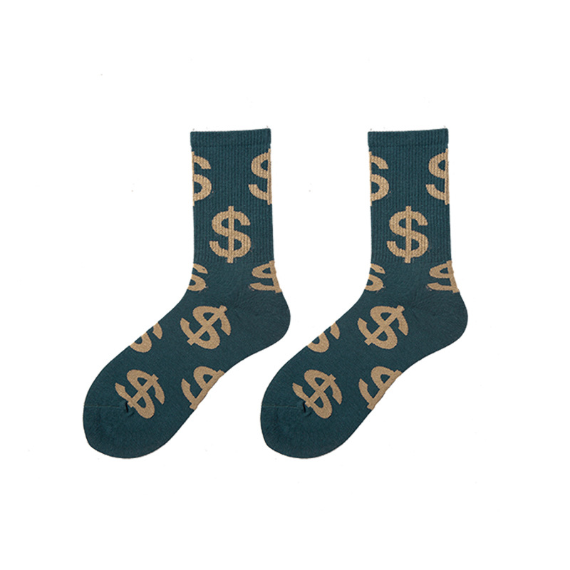 Mid-Calf Socks for Men and Women, Dollar-Themed, European and American Street Style Skateboard Socks, Hip-Hop, Trendy Internet Celebrity Socks, Wholesale from Manufacturer, Versatile Ins-Style