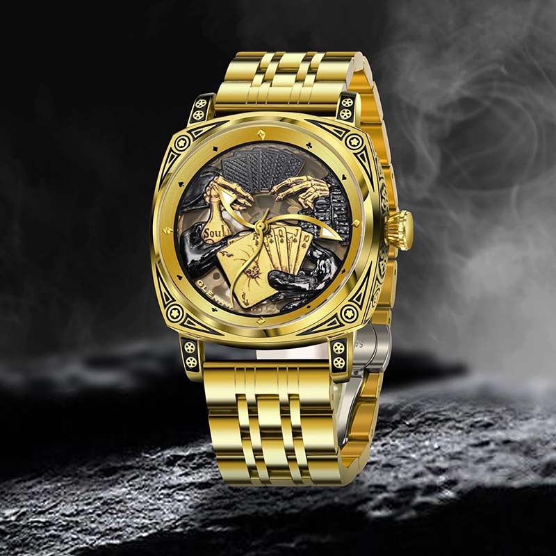 Đồng hồ cơ nam automatic lộ máy tourbillon hai mặt khắc nổi phát quang dây da bò — Vàng vừa mang, Dải thép đen bạc, Vỏ bọc vàng, Da đen bạc