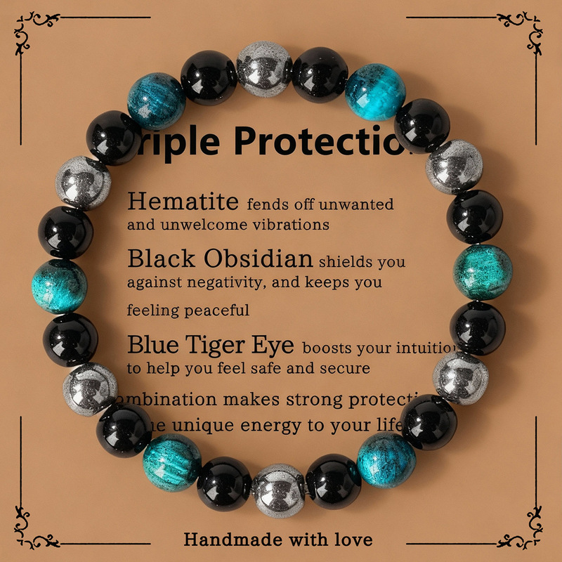 Cross-Border 8mm Tiger Eye Stone Bracelet with Beads, Elastic Cord, Obsidian Magnet, Blue Tiger Eye Triple Protection Bracelet