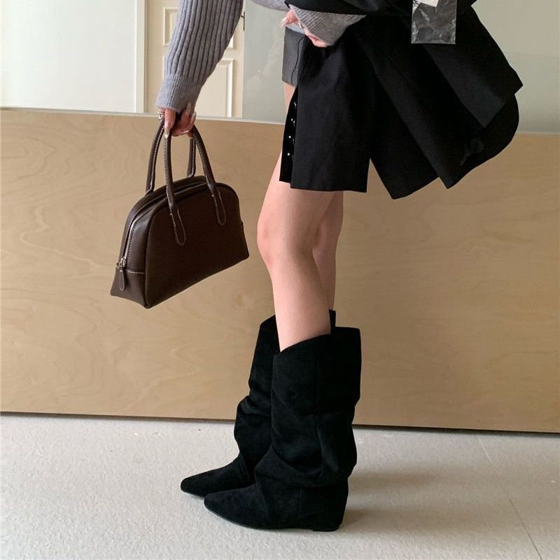 时尚绒面褶皱堆堆靴女2025年秋冬新款尖头西部牛仔靴翻领中筒靴女|undefined