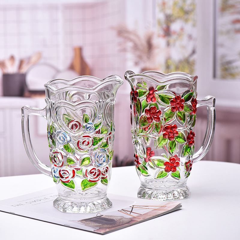 Conjunto de utensilios de agua domésticos, taza de agua de agua fría resistente al calor pintada a mano, vidrio transparente con cubierta image 2
